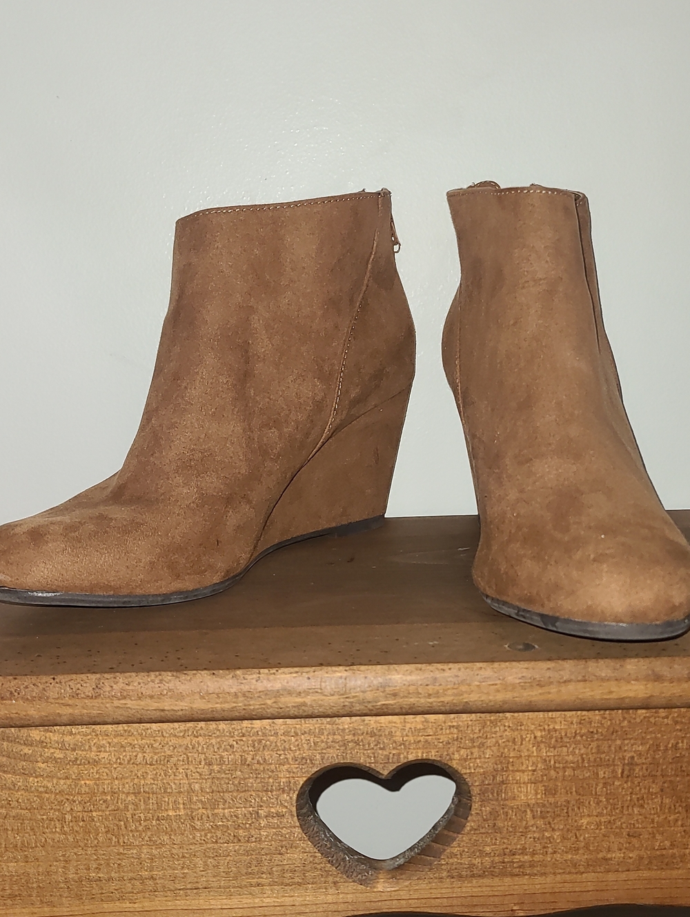 FIONI Clothing Tan Suede Wedge Ankle Booties